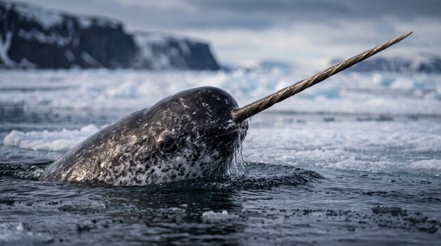 Majestic narwhal swimming in icy Arctic waters under cloudy sky