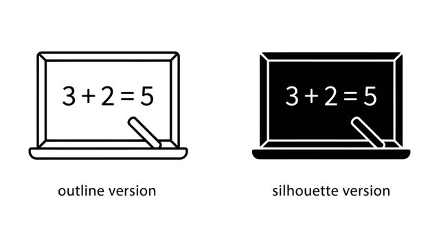 Math Equation on Blackboard: Simple math equation 3 + 2 = 5 displayed on a blackboard, presented in both outline and silhouette versions, representing basic arithmetic and education.