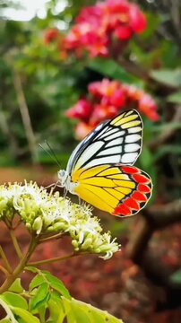 Vibrant Yellow and Red Common Jezebel Butterfly Perched on White Flowers