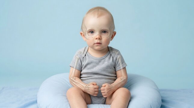 Pediatric medical illustration of a toddler with an anatomical skeletal overlay showing head and arm bones on a blue background