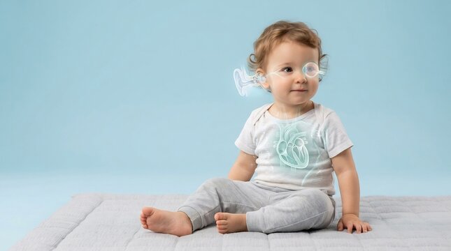 Toddler with holographic anatomical overlays of heart, eye, and ear for pediatric healthcare concept