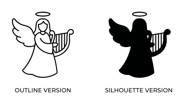 Angel Icons: A set of two stylized angel illustrations, one in an outline style and the other as a black silhouette, both depicted holding a harp and wearing a halo, symbolizing purity and divinity.