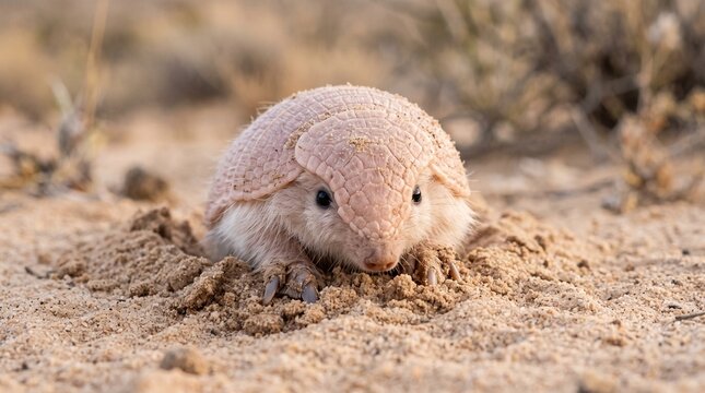 Pink fairy armadillo in natural desert habitat digging sand