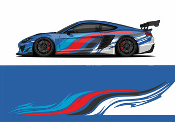 Obraz premium Blue sports car with dynamic racing stripes and spoiler