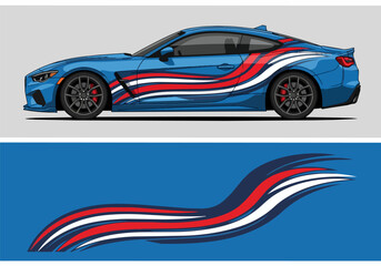 Fototapeta premium Blue sports car with dynamic red white stripes design