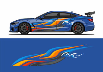 Fototapeta premium Blue sports car with flame and wave decal design