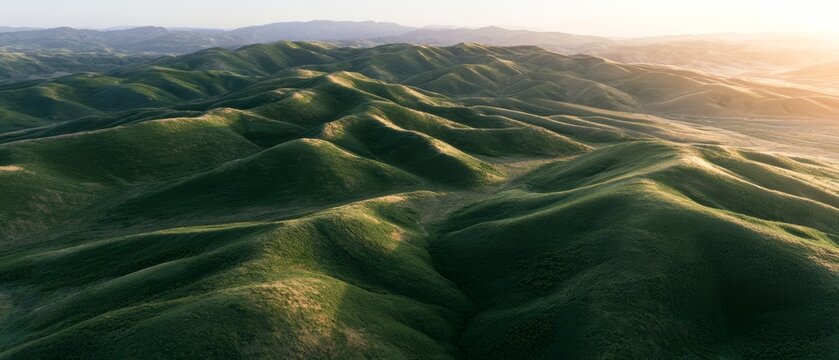 Green hills roll under the sunlight during the early morning in a vast rural area