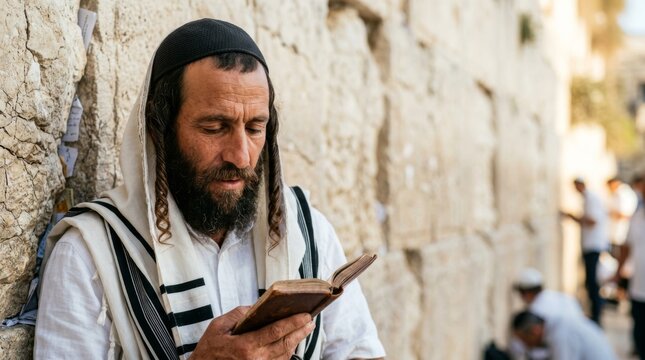 Orthodox jewish man praying at the western wall in jerusalem, israel, with a traditional kippah and beard