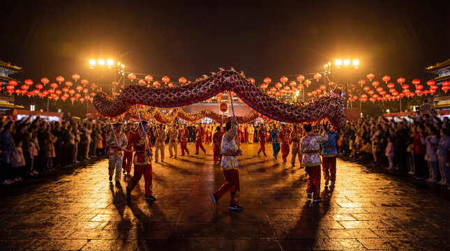 Traditional dragon dance procession under red lanterns at night festival, showing cultural heritage, public celebration, community pride, performing arts, festive tourism, Commercial