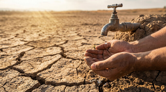 Hands catching scarce water drops from old faucet above cracked dry earth representing drought water shortage climate crisis resource scarcity humanitarian concern showing authentic