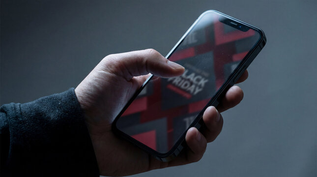 Hand using smartphone with Black Friday sale reflection, showing mobile shopping, online promotion, retail discount, ecommerce campaign, consumer purchase, seasonal marketing, Commercial