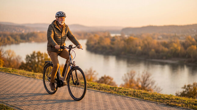 Senior man riding electric bicycle beside river during autumn sunset, authentic active aging concept showing independence confidence value value value value value value value value