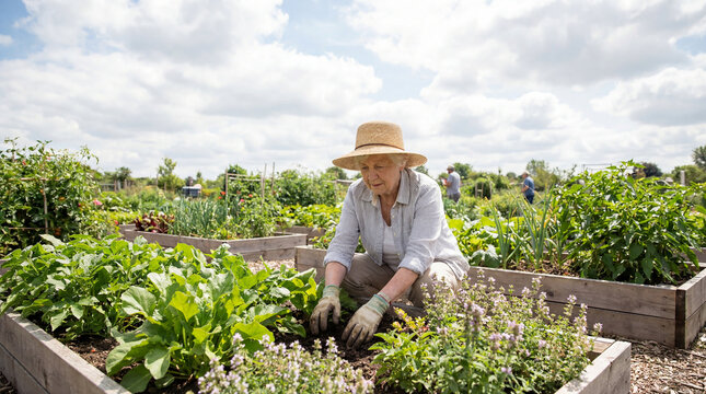 Senior woman tending vegetables in raised community garden bed, authentic active aging concept showing independence confidence value value value value value value value value value