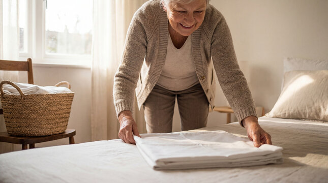 Smiling senior woman folding clean bed linens inside bright bedroom, authentic active aging concept showing independence confidence value value value value value value value value value