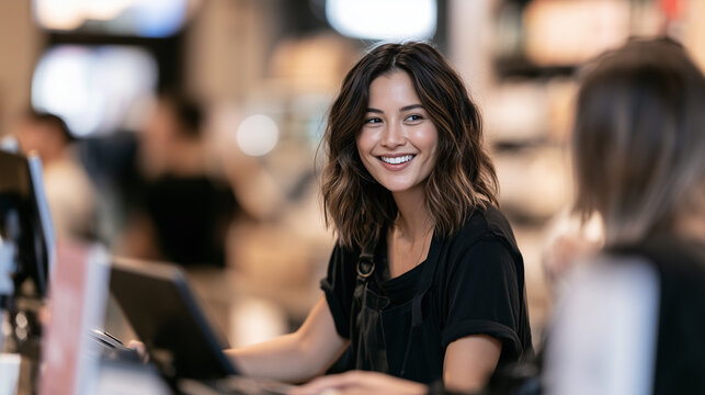 A cashier assisting a customer with a return at the counter, waist-up shot, softly blurred store interior, natural daylight, realistic candid photo