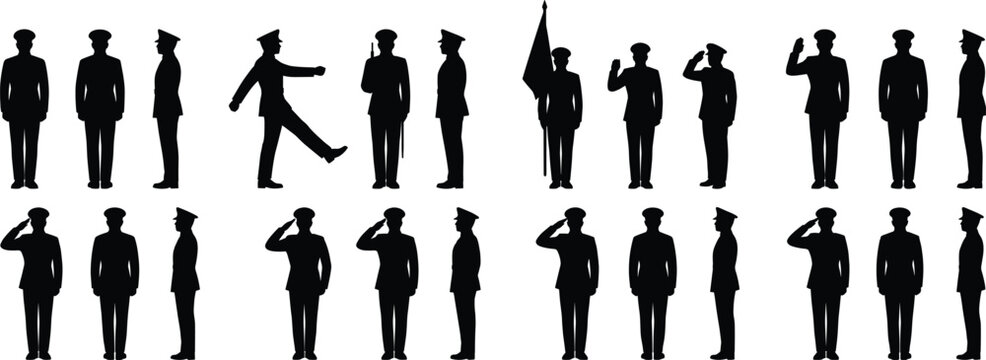 PrintCeremonial military officer and police uniform silhouette vector collection with soldiers marching, saluting, and standing at attention.