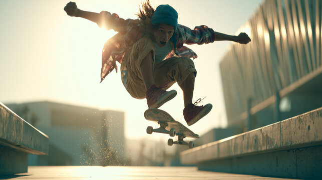 Young man performing skateboard trick in urban plaza at sunset