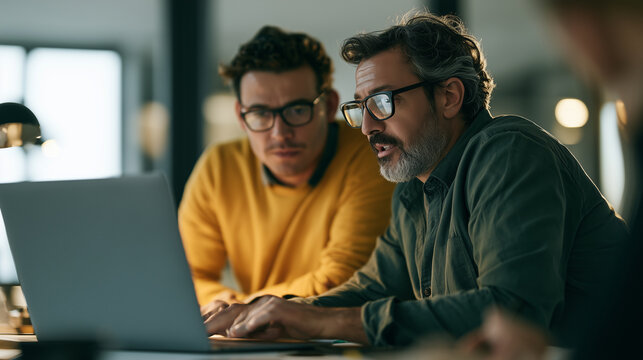 Two colleagues troubleshooting a software bug together, medium shot at a desk with a laptop, natural daylight, candid business photography