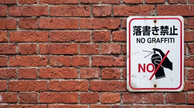 赤レンガの壁に取り付けられた「落書き禁止」の看板（コピースペースあり）