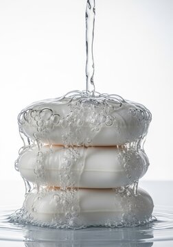 A crystal clear liquid cascades over a tier of elegant, stacked bar soaps, creating perfect glassy bubbles against a clean white backdrop, bathroom, liquid, balance