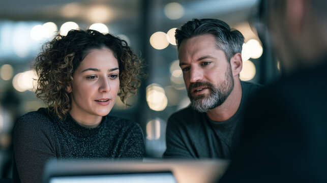 Two colleagues discussing a cloud infrastructure plan on a laptop, medium shot, modern office bokeh background, natural daylight, candid business photography
