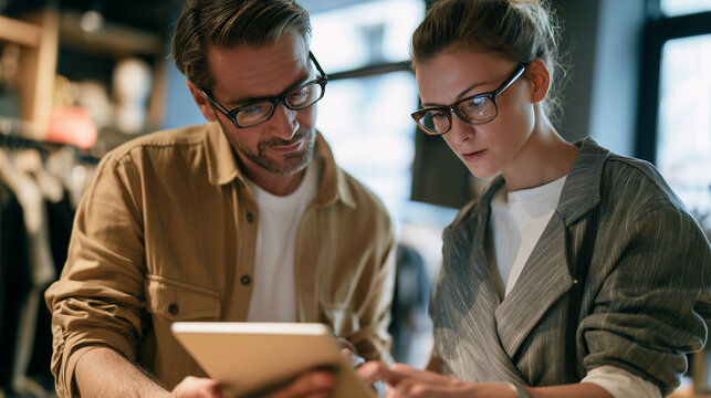 Two colleagues discussing a visual merchandising plan on a tablet, medium shot, bright store background blurred, natural light, realistic photo