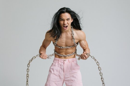 Shirtless man pulling heavy chains wearing pink pants for dramatic fitness poster and fashion banner with intense expression