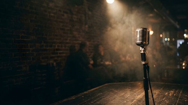 Vintage silver microphone on stage in a dimly lit dark music club