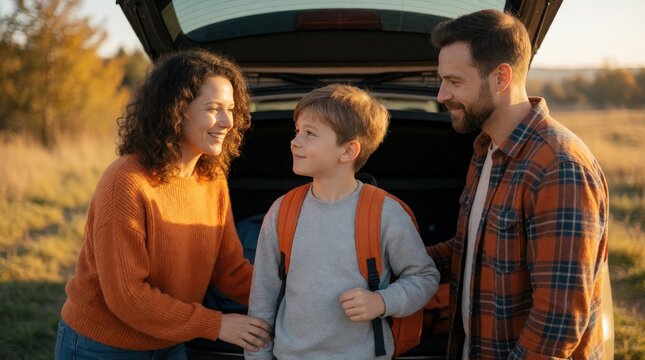 Family loading car trunk for weekend adventure, autumn road trip