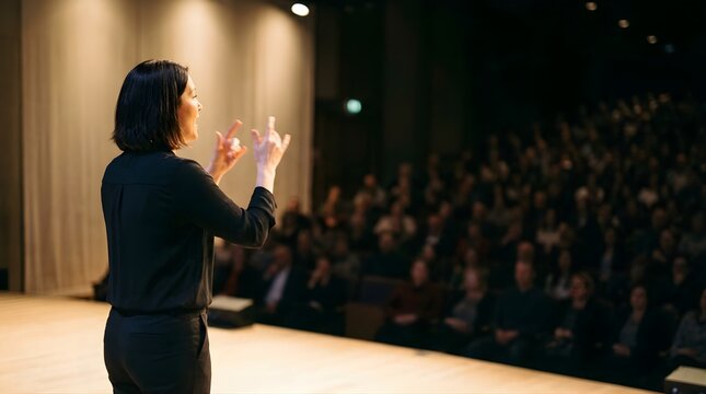 Woman performing sign language on stage before a large conference audience