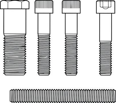 Socket head cap screws and threaded rod vector set with mechanical fastener illustrations