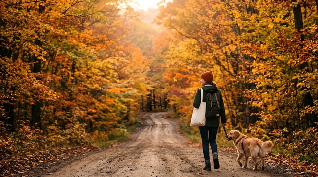 Woman walking with dog on dirt road through autumn forest at sunset
