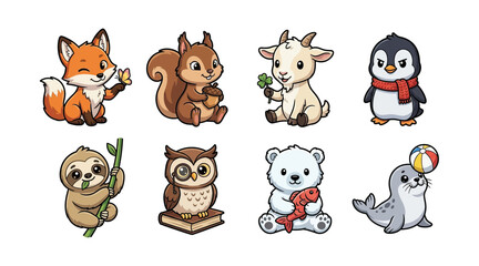 Fototapeta premium Adorable cartoon animals set with happy expressions a winking fox a squirrel with an acorn and a playful seal