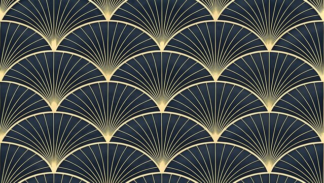 Art deco seamless pattern with gold fan shapes. Elegant dark blue background wallpaper design.