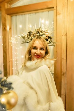 Woman Christmas Decorated Doorway Winter Festive