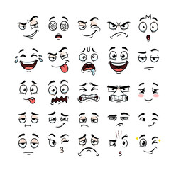 Fototapeta premium Diverse cartoon facial expressions showing happy sad angry surprised and silly moods in a vibrant collection