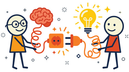 Illustration of two stylized characters connecting their brain and light bulb with cables. © Md