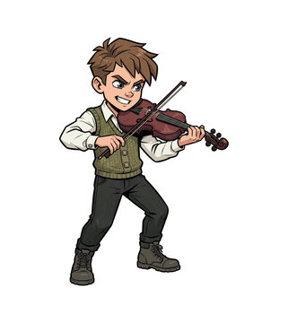 Focused Caucasian Boy Playing Violin with Intense Angry Expression in a Detailed Cartoon Illustration