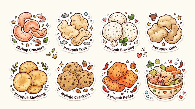 A vibrant collection of Indonesian crackers, known as 'Krupuk', showcasing various flavors and ingredients like shrimp, fish, and cassava, presented in a charming sticker-like illustration style.