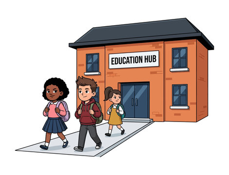Three diverse happy children with backpacks walking from an education hub building illustration