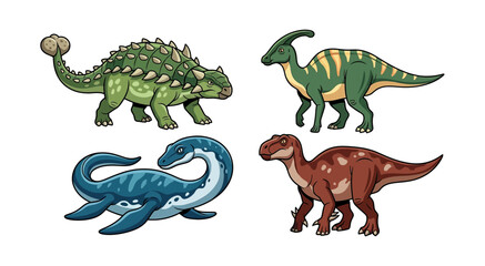 Fototapeta premium Colorful Cartoon Dinosaurs Collection Featuring Ankylosaurus Parasaurolophus Plesiosaur and Iguanodon Illustration Set