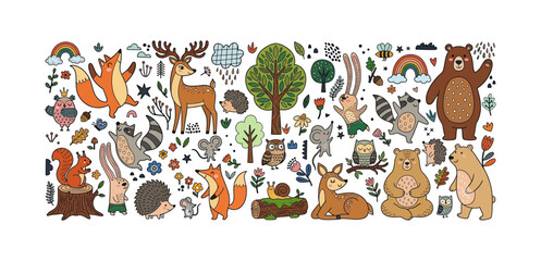 Fototapeta premium Cute forest animals collection with happy foxes deer bears rabbits squirrels and owls in a cheerful illustration