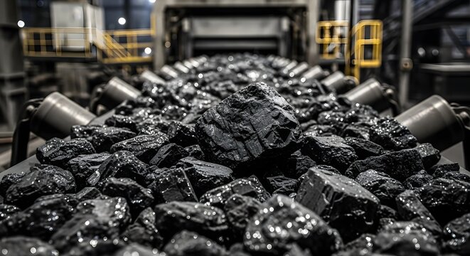 Macro Close Up Texture of Raw Coal on Industrial Conveyor Belt in Mining Facility