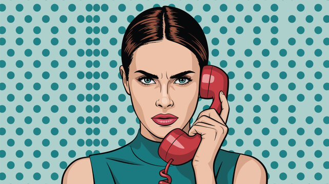 Woman with serious expression holding red telephone receiver in pop art style