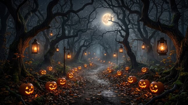 Spooky Halloween forest path lined with glowing carved pumpkins under a full moon