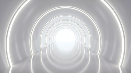 Naklejka premium Bright white futuristic tunnel with circular glowing light rings and reflection