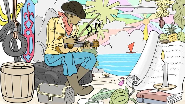 Animated vector of a musician playing guitar on a tropical beach at sunset surrounded by island elements