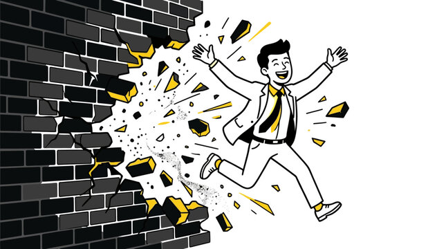 Businessman breaks through a dark brick wall to demonstrate success and overcoming difficult challenges.