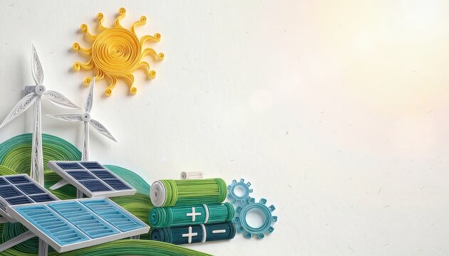Paper Quilling Sustainability concept. Illustration of renewable energy sources with solar panels, wind turbines, and sun.