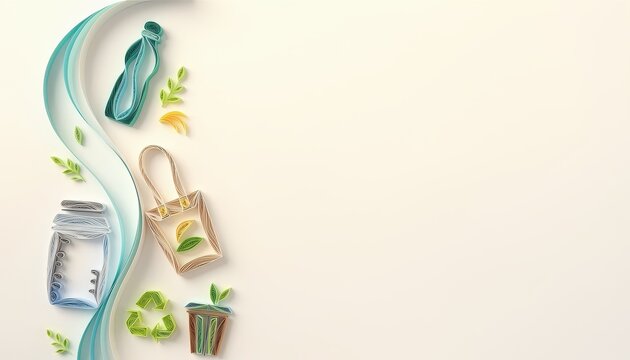 Paper Quilling Sustainability concept. Paper quilling art of recycling and eco-friendly items on a white background.